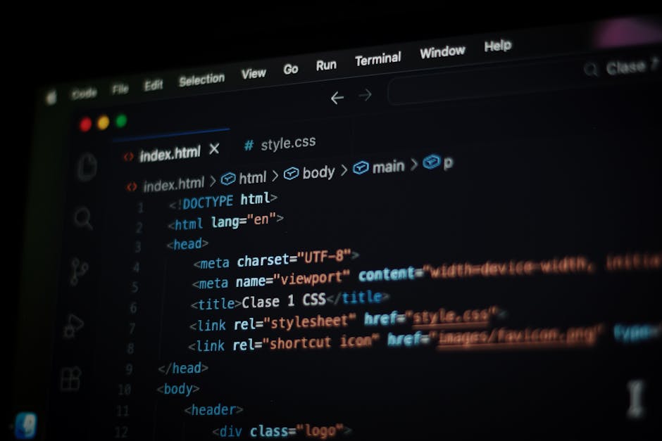 The image displays a computer screen with a dark background featuring HTML code for a webpage. Visible code includes tags such as <html>, <head>, <title>, and <body>, along with meta tags and links to