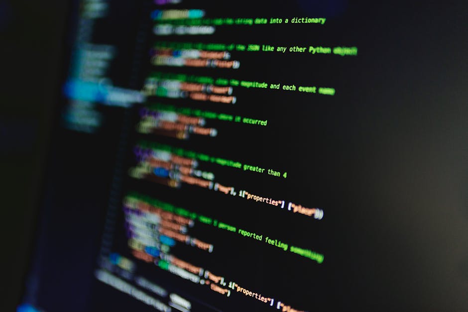 The image displays a computer screen with a dark background featuring HTML code for a webpage. Visible code includes tags such as <html>, <head>, <title>, and <body>, along with meta tags and links to